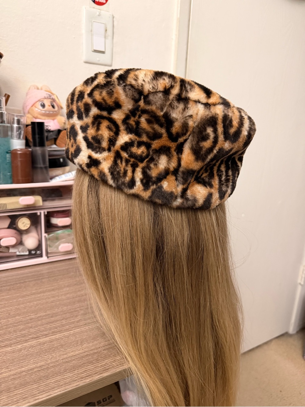 Faux Fur Leopard Print Beret - Brown